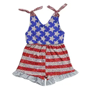 Butik Anak perempuan Jumpsuit tanpa lengan 4th Juli cetakan patriotik bayi renda Up Ruffle pangkas Romper