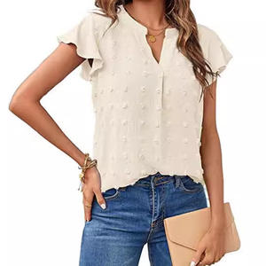 Blusa <span class=keywords><strong>de</strong></span> Verano con Mangas con Volantes Plisadas para Mujer, Estilo Casual, Cuello en V, Manga Corta, Color Blanco - Product Image 5