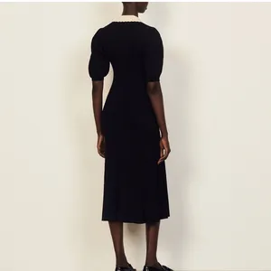 High Fashion benutzer definierte Logo Eleganz schwarzes Kleid Knopf oben kurze Puff ärmel Frauen Strickkleid