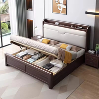 Lit double Queen/King en bois de caoutchouc durable et écologique, dossier souple, rangement haut, cadre en bois massif, plateforme de chambre à coucher