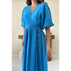 Vestido Largo de Muselina Azul, Cintura Elástica, Cuello Redondo, Corte Holgado, Transpirable, Tejido, Informal, para Uso Diario - Product Image 2