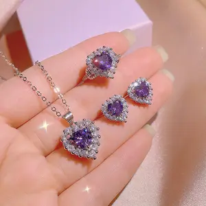Bling Bling Purple Rhinestone Crystal Heart Pendant Necklace Earrings Ring Set White Silver Plated CZ Heart Jewelry Set