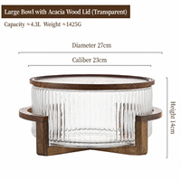 Bol à salade en verre côtelé avec support en bois d'acacia et couvercle 1,8L 3L 4,3L, bol à fruits cannelé sans plomb avec support surélevé