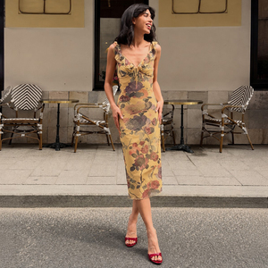 Women's Vintage Floral Print Mesh Midi <b>Dress</b> Sleeveless <b>Ruffle</b> Trim V Neck Bodycon Slim Fit Elegant Summer Party <b>Dress</b> - Product Image 1