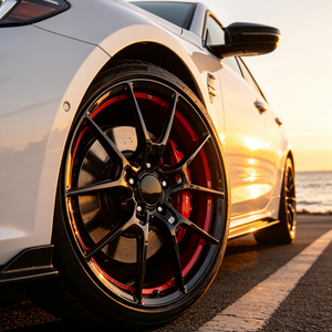 Jantes de voiture en alliage forgé monobloc, design concave profond, noir brillant avec intérieur rouge, pour véhicules européens et américains. - Product Image 1