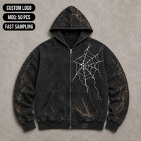 Sweat-shirt à capuche zippé pour homme, noir délavé à l'acide, motif toile d'araignée, effet vieilli, style grunge vintage, avec logo personnalisé, Fabricant