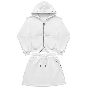 Women's White 2 Piece Hooded Sweatshirt <b>Set</b> With Rivet Details Casual Loose Fit All Seasons <b>Knitted</b> Cotton Outfit - Product Image 1