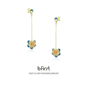 Grace Jewelry Manufacturer New Arrival 3D 925 Silver Colorful Enamel CZ Dangle Fancy Flower Floral Earrings