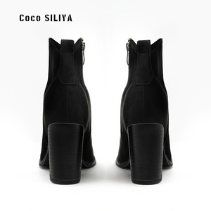 Bottines Coco SILIYA en daim à talon épais et bout carré, bottines tendance pour femmes - Product Image 2