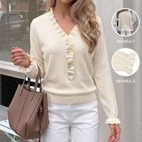 Pull en tricot décontracté en fibre de viscose, couleur unie, col en V à volants, nouvelle collection automne/hiver 2026, best-seller transfrontalier