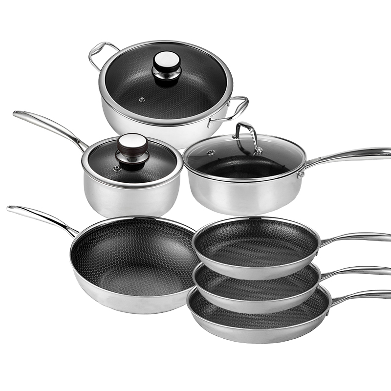 Casseroles et poêles de luxe Batterie de cuisine antiadhésive en nid d'abeille Triply Acier inoxydable 304 et 403 Sans revêtement chimique Batterie de cuisine