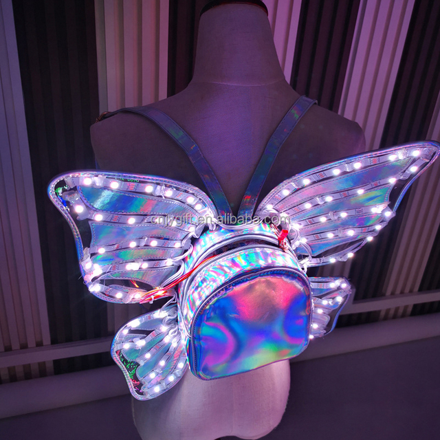 Women's LED Laser Holographic Backpack with Glowing Angel Wings Casual Daypack Girls Christmas New Year Flashing Shoulder Bag