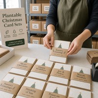 Tarjetas de Navidad de Papel Sembrable con Cinta Decorativa, A6 Plegadas, Personalizables, Ecológicas, Set de Tarjetas Festivas con Cinta Decorativa