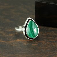 Bague unisexe en argent sterling 925 style bohème classique avec pierre précieuse en malachite taille poire pour mariages, fêtes et anniversaires
