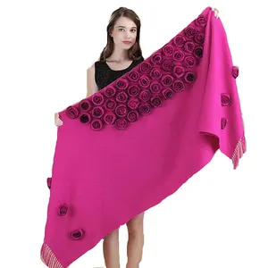 Bufanda larga gruesa de lujo para mujer, chal de Cachemira con borla de lana, con flores y piel de conejo, 200 cm de largo, para invierno, venta al por mayor