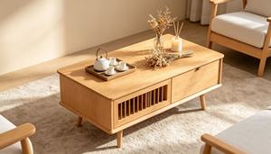 Table basse moderne en bois massif avec tiroir de rangement, meubles de salon de style mid-century - Product Image 6