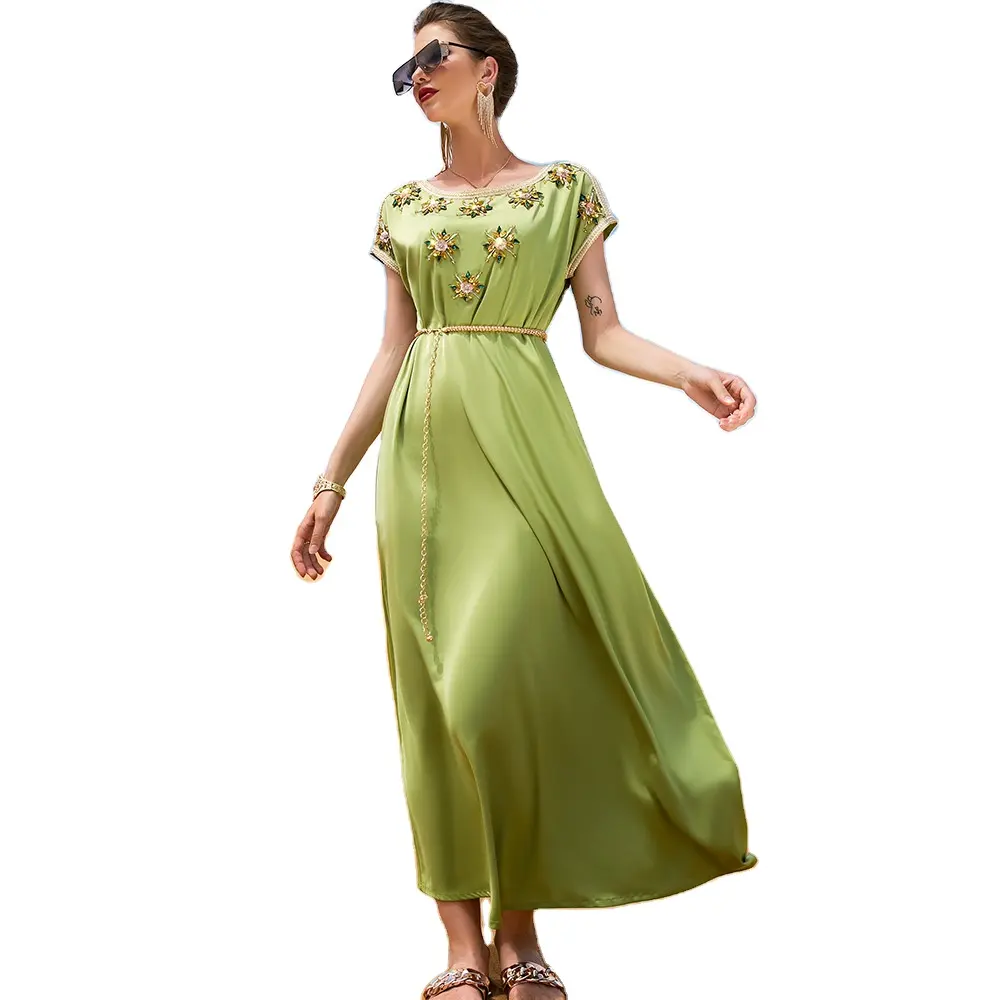 Good selling Avocado Green Satin Heavy Industry Hand-stitched Diamond Short Sleeve Vintage Dress Style