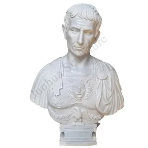 Hand Carved Polished Custom White Marble Roman Emperor Bust of Caesar Augustus