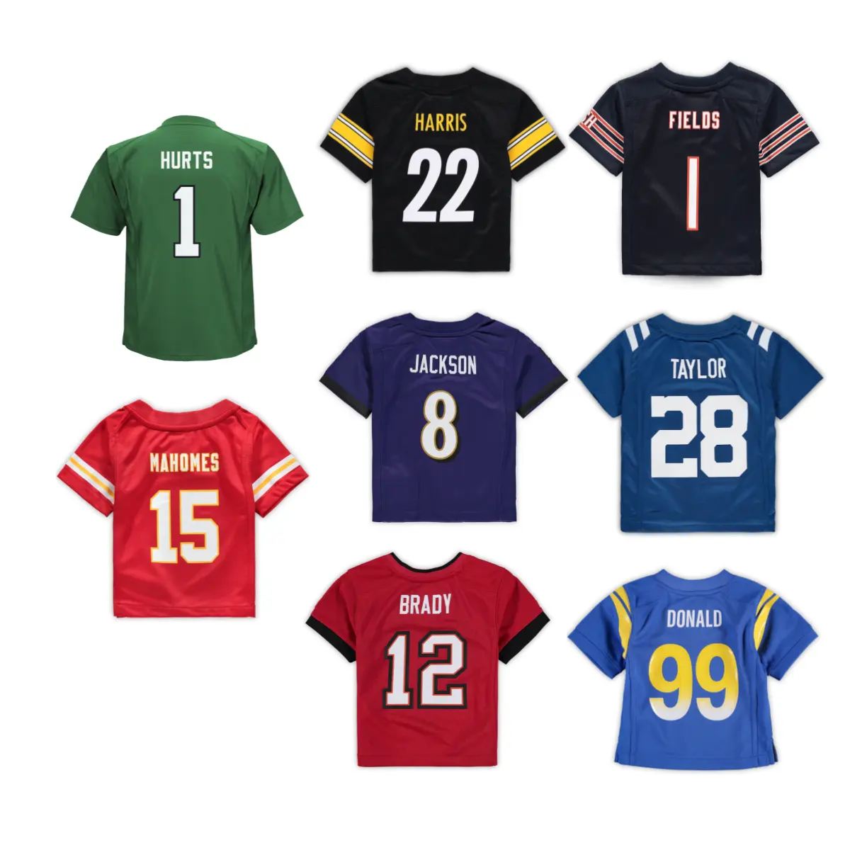 Top Stitched Youth Kid Toddler American Football Jerseys 1 Jalen Hurts 15 Patrick Mahomes 8 Jackson 1 Fields 22 Harris 99 Donald