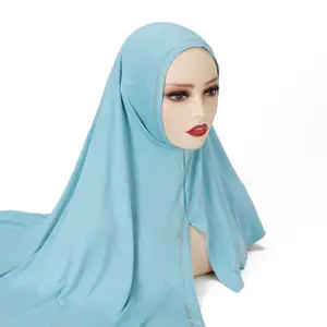 ผ้าพันคอฮิญาบผ้าโมดัลเทอร์ควอยส์สำหรับผู้หญิงมุสลิมพร้อมพลอยเทียม,ขายส่งจากมาเลเซียสีทึบ