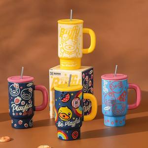 Mug en céramique Buffy avec paille, design de dessin animé jaune, tasse isotherme pour boissons chaudes et froides, coffret cadeau, tasse individuelle - Product Image 2