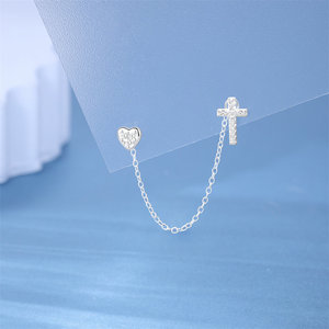 CANNER Vente en gros Boucles d'oreilles clous en argent sterling 925 avec double chaîne à pampilles, cœur, croix et zircon pour femme - Product Image 4
