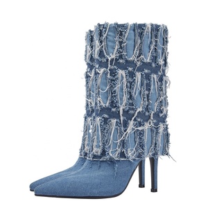 Denim Fold Over Stiletto Women High Thin Heels Booties Big Size 46 Short Ankle <b>Boots</b> Fancy Overlay Retro Shoes - Product Image 6