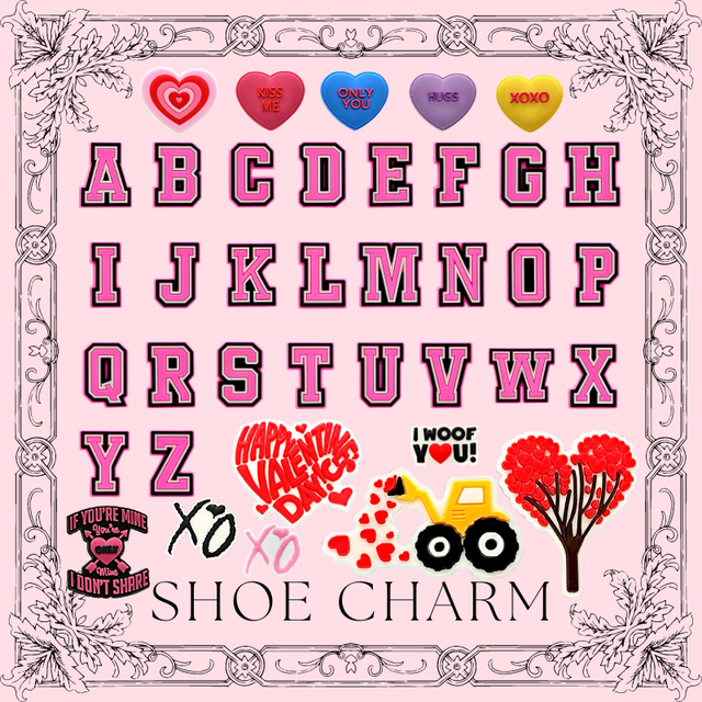New Fashion Personalized Custom Valentine Clog Rubber Accessories Woman Girl Charms Love Pink Alphabet Letter Shoe Buckles Bulk