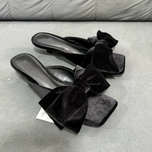 New Style Women's Black Bow-Embellished Square-Toe Open-Toe <b>Low</b>-<b>Heel</b> <b>Stiletto</b> Slide Sandals for Outdoor Wear - Product Image 4