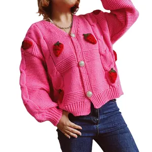 新款上市羊毛衫针织宽松毛衣女士v领长袖漂亮纽扣定制图案热粉色毛衣