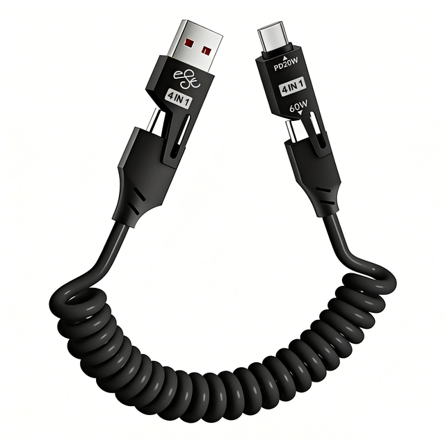 4-in-1 60W Android Telescopic Fast Charging Wire USB Type-C TPE Jacket Spring Mobile Phone Data Cable for iPhone Samsung OPPO