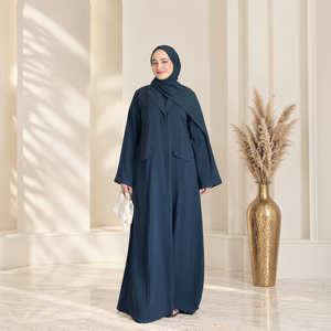 Women Navy Blue Long Sleeve Ankle Length Beaded Turkish V Neck Modest <b>Abaya</b> <b>Dress</b> Polyester Loose Fit Daily Wear Middle East - Product Image 1