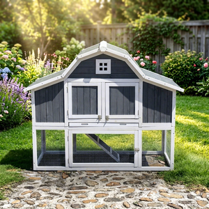 SDC027 SHUNDA Jaula de lujo para conejos de madera maciza roja con estampado ecológico, casa con arco para exteriores, gallinero con techo, tamaño mediano/grande - Product Image 1