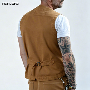 Men Heavyweight Cotton Canvas <b>Vest</b> Asymmetric Multi-Pocket Drawstring Curved Pocket V-Neck Relaxed Fit <b>Utility</b> Workwear Gilet - Product Image 3