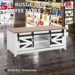 Farmhouse Wooden <b>Coffee</b> <b>Table</b> with Sliding Barn Doors, White Storage <b>Coffee</b> <b>Table</b> with Shelves, Modern Living Room Center <b>Table</b> - Product Image 2