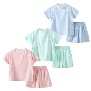 Ensemble de sport d'été pour enfants, unisexe, deux pièces, en maille, à séchage rapide, protection solaire, haut à manches courtes et short - Product Image 1