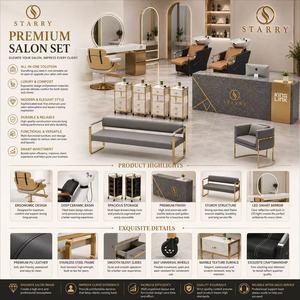 Mobilier de salon de beauté en bois doré avec logo personnalisé, <span class=keywords><strong>miroir</strong></span> LED étoilé, credenza et chaises de barbier - Product Image 2