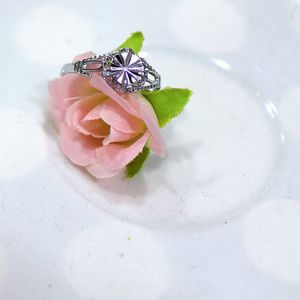 <b>Silver</b> Flower <b>Ring</b> With Diamond Inlay Prong Setting <b>Adjustable</b> For Gift Jewelry - Product Image 1