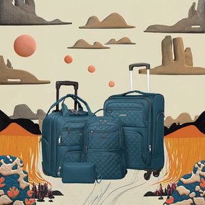 Ensemble de bagages souples 4 pièces, valise cabine et bagage à roulettes matelassés bleu sarcelle, sac à dos de voyage. Nylon. Souple. - Product Image 3