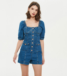 Monos de Jean con manga abombada para <span class=keywords><strong>mujer</strong></span>, pantalones cortos, ropa de <span class=keywords><strong>mujer</strong></span>, pantalones <span class=keywords><strong>vaqueros</strong></span>, ropa de tela vaquera, traje de gato con manga de burbuja - Product Image 1