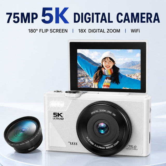 75MP 5K Digital Camera 3.0in 180 Flip Screen 18X Zoom WiFi Selfie Vlog 0.45X Wide Angle Macro Lens CMOS Sensor TF Card Support