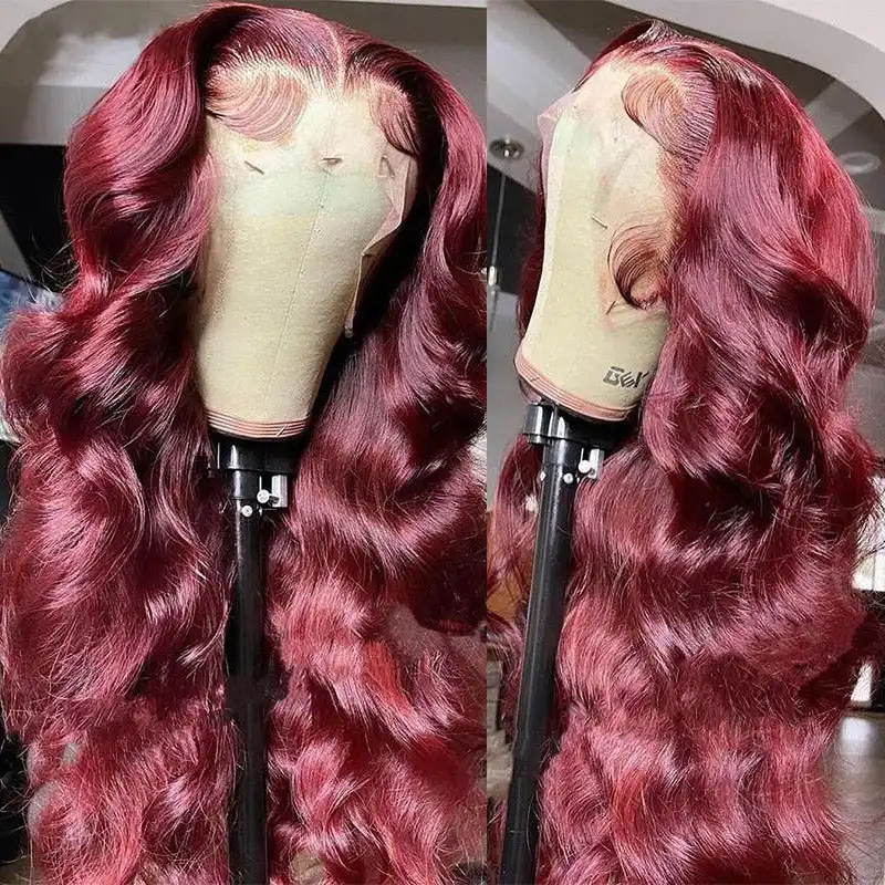 Wholesale Virgin Brazilian Hair High Density 13x4 Body Wave Highlight 99j Colored Wigs Human Hair Transparent Lace Wigs