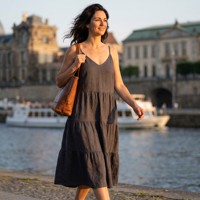 Robe longue à volants personnalisée en lin (55%) et coton (45%) pour femme, col en V, sans manches, bretelles spaghetti, coupe trapèze, avec poches, OEM, grandes tailles du S au 5XL