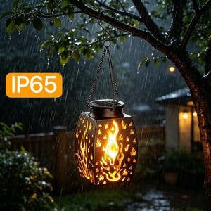 Lanterne solaire suspendue en cuivre pour jardin, idéale pour la décoration de cour, balcon et aménagement paysager, avec effet d'ombre à motif flamme - Product Image 3