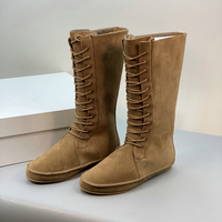Sepatu Boots Kulit Sapi Asli OEM ODM Logo Kustom untuk Wanita, Warna Khaki, Ujung Bulat, Hak Tebal, Model Kasual