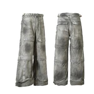 Pantalones Cargo de Alta Calidad al por Mayor, Estilo Urbano, 100% Algodón, Lavado Desgastado, Pierna Ancha, para Hombre - Product Image 1