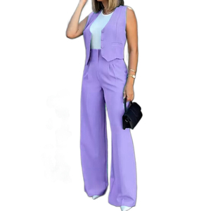 Ensemble 2 pièces pour femme, veste sans manches et pantalon, couleur unie, respirant, boutonné, tendance, idéal pour l'entraînement ou comme costume formel - Grande Vente - Product Image 2