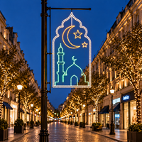 Goldener Halbmond Sternförmiger Bogen Grünes Minarett Silhouette Metallrahmen LED-Lichterkette Stadtstraßen-Ramadan-Motivbeleuchtung