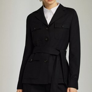 Elegante Completo da Donna <span class=keywords><strong>in</strong></span> Lana Nera <span class=keywords><strong>con</strong></span> <span class=keywords><strong>Cintura</strong></span>, Blazer Casual da Abbinare <span class=keywords><strong>con</strong></span> Pantaloni a Gamba Larga - Product Image 1