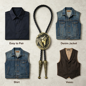 Cravate Bolo Western Vintage pour Homme, Pendentif Tête de Cheval, Finition Bronze Antique, Cordon en Cuir Tressé, Accessoire Décontracté pour Chemise - Product Image 5